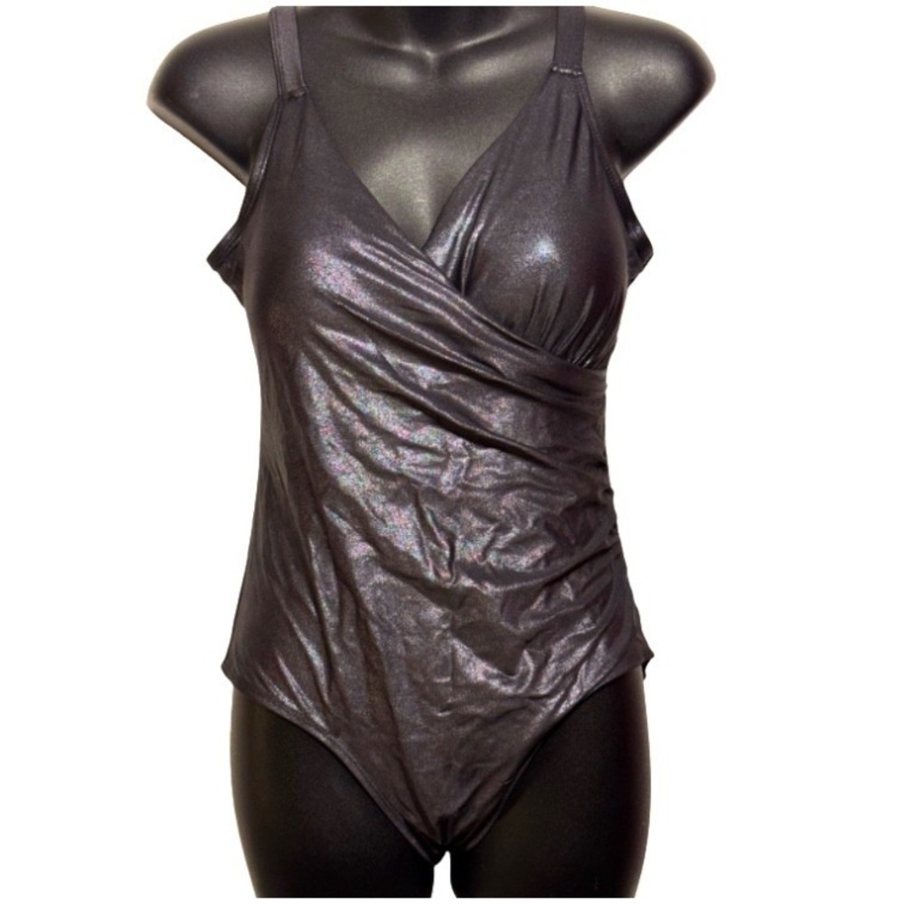 Serra Swimsuit Metallic One Piece Wrap Front Shimmer Ruched Black Silver M NWT